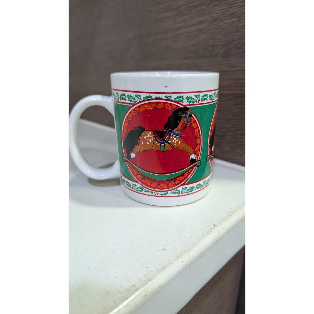 Vintage Christmas Rocking Horse Ceramic Coffee Mug Cup Holiday Holly Green Red